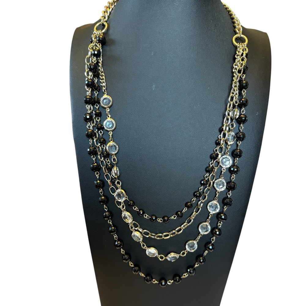 Ann‎ Taylor Necklace Multi Strand Black Clear Faceted Glass Beads Silver Tone